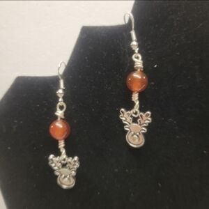 Hand Crafted Silver and Natural Red Carnelian Bead Earrings with Rudolph Charm